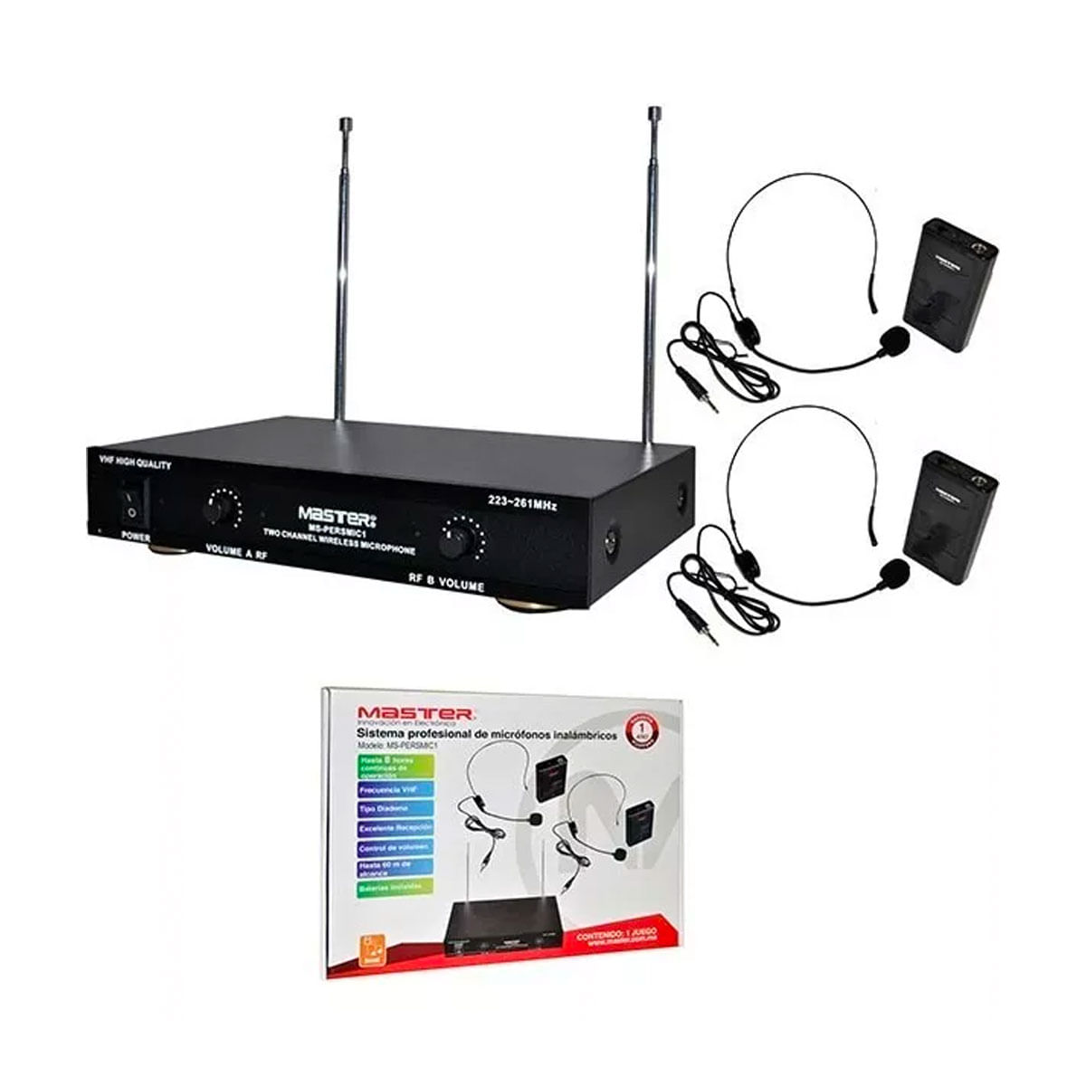 Sistema profesional con 2 micrófonos inalámbricos recargables VHF de a –  Master Electronicos
